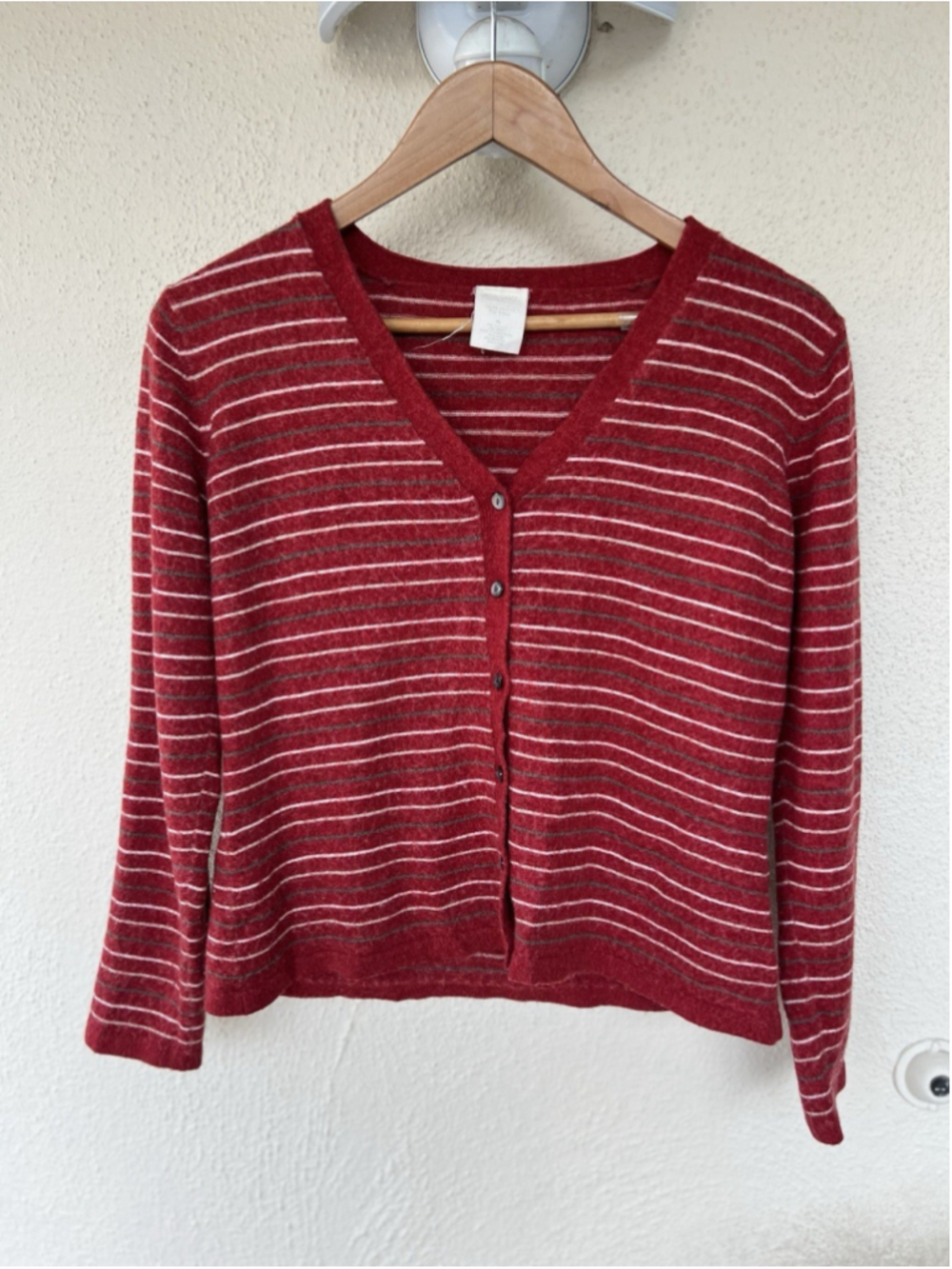 VTG Old Navy Red Striped V Neck Button Cardigan Sweater Wool Blend Prep Academia